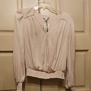 Chic Cream Women's Blouse With Smocked Cuffs And Waistband